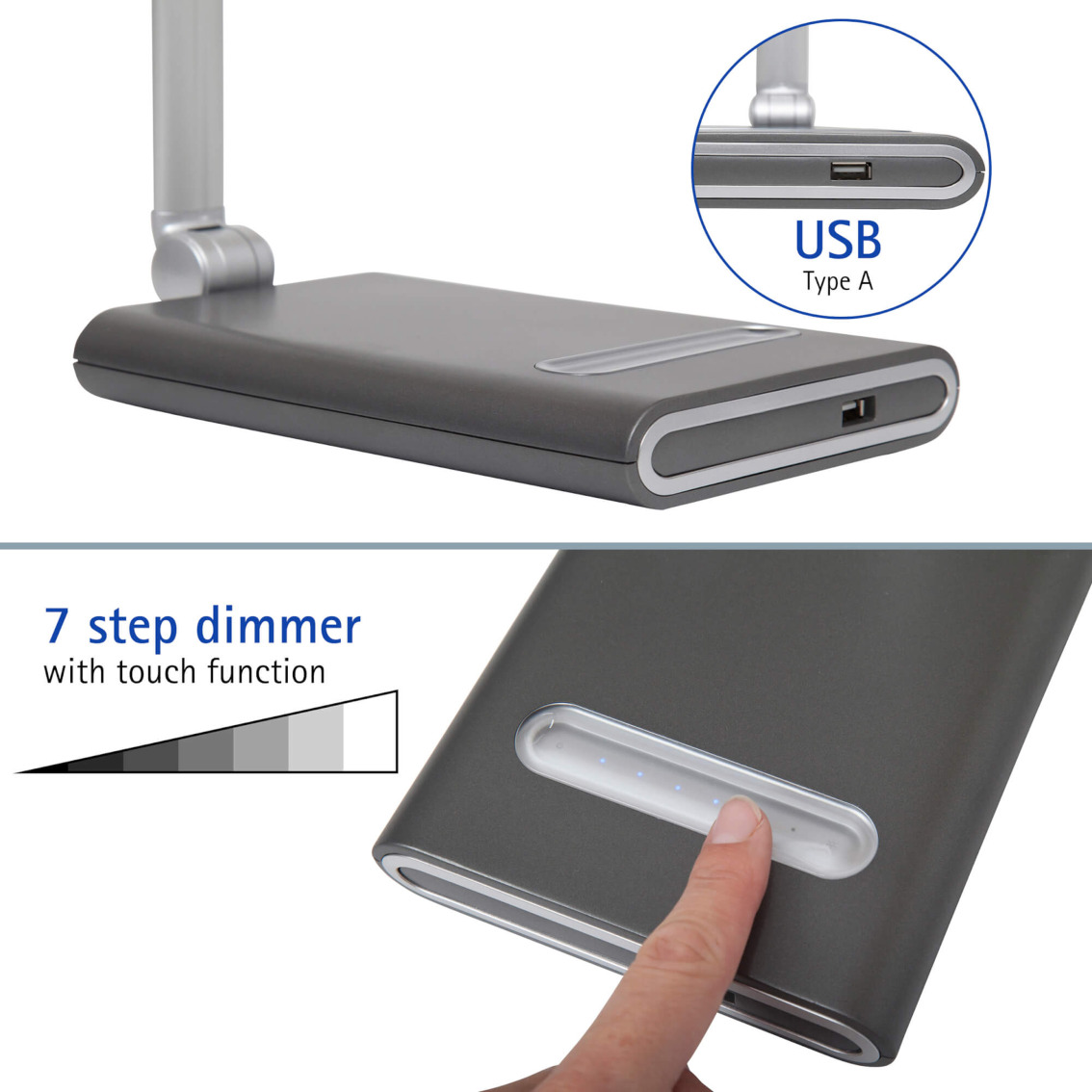USB Typ A Anschluss und 7-Stufen-Dimmer