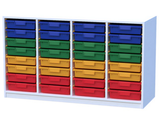 Materialcontainer mit Sockel, 4-reihig, Boxen auf Schienen