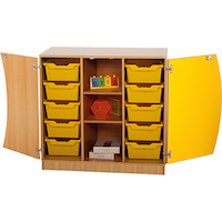 Unterschrank mit Wellentüren, 10 hohen ErgoTray Boxen & 2 Einlegeböden