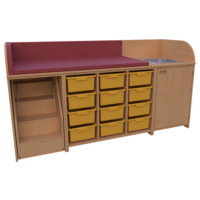 Wickelkommode Breite 210 cm /Treppe, 3x4 Boxen auf Schienen, T&uuml;r, Waschbecken