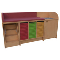 Wickelkommode Breite 210 cm /Treppe, 3x6 flache Modulboxen, T&uuml;r, Waschbecken