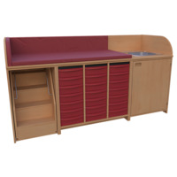 Wickelkommode Breite 210 cm /Treppe, 3x7 flache Modulboxen, T&uuml;r, Waschbecken
